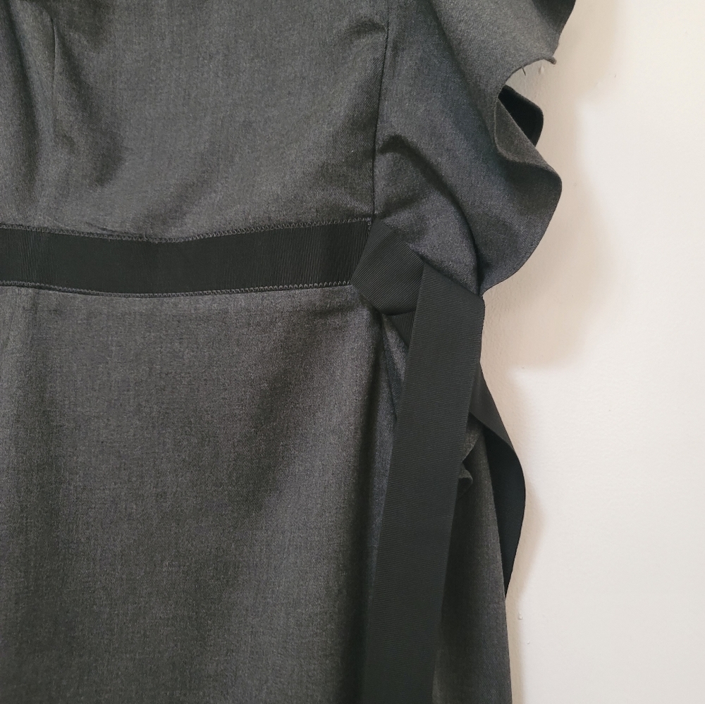 Sandro Paris Dress Gray Ruffle Trim Ribbon Belted Sheath Stretch Size Small New - Picture 8 of 16